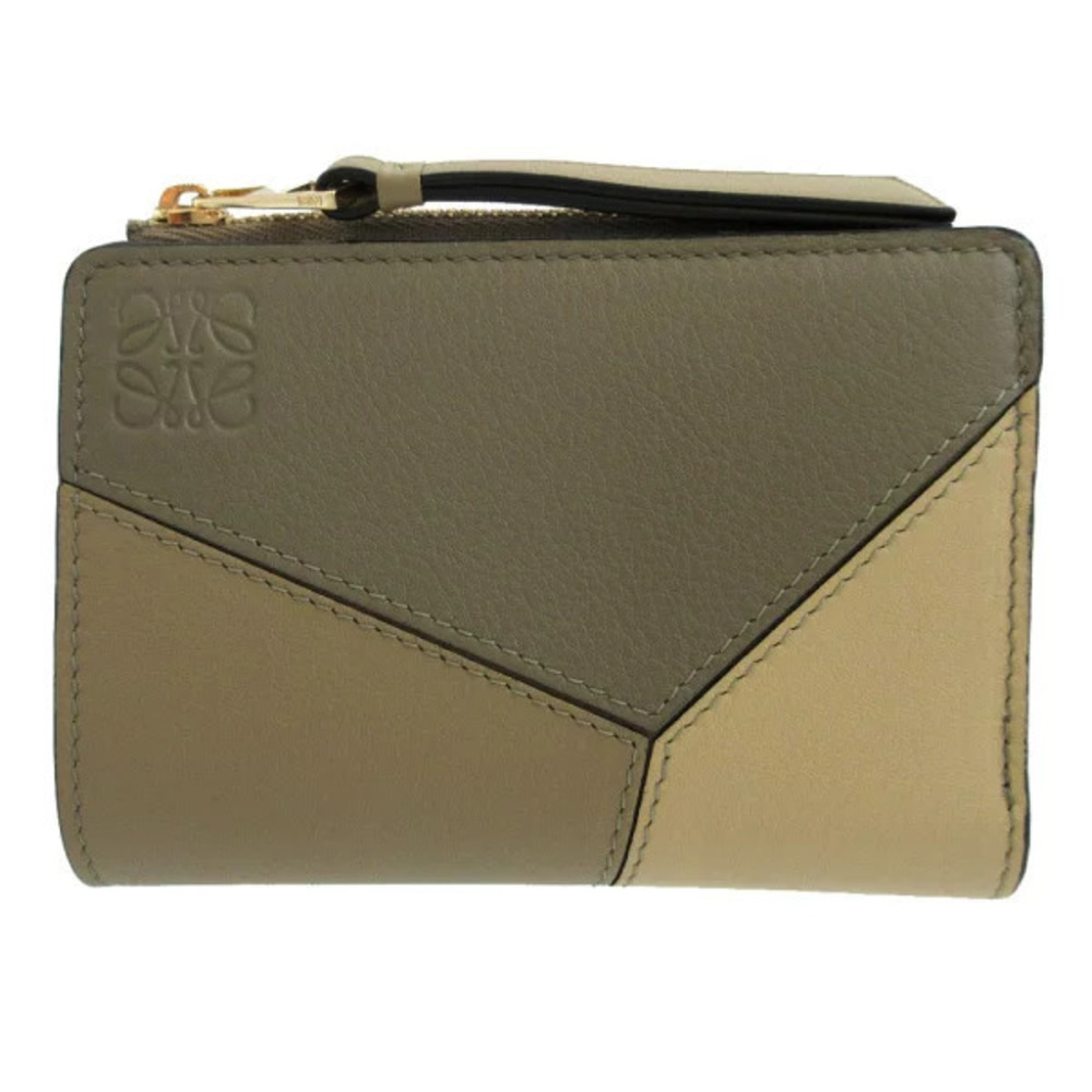 Loewe Puzzle Compact Wallet Leather Beige Brown Cream Bi fold
